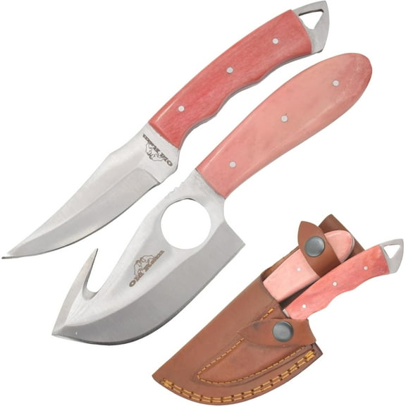 Old Ram Handmade 2-Piece Camping Hunting Skinner Knife Set, Pink Bone Handle, Stainless Steel Blades with Sheath