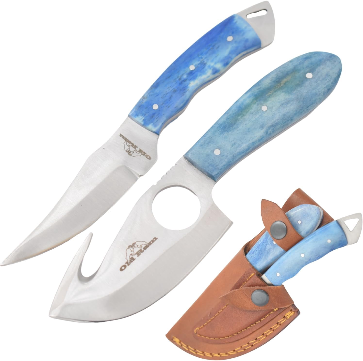 Old Ram Handmade 2-Piece Camping Hunting Skinner Knife Set, Pink Bone Handle, Stainless Steel Blades with Sheath