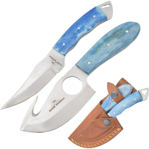 Old Ram Handmade 2-Piece Camping Hunting Skinner Knife Set, Pink Bone Handle, Stainless Steel Blades with Sheath