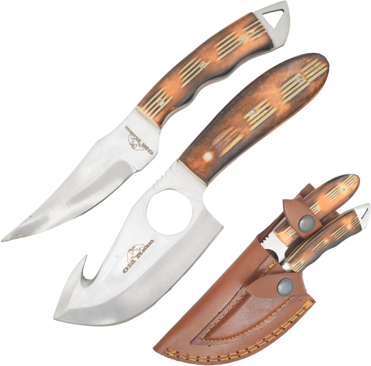 Old Ram Handmade 2-Piece Camping Hunting Skinner Knife Set, Pink Bone Handle, Stainless Steel Blades with Sheath