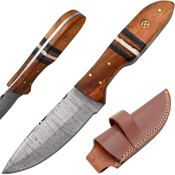 Old Ram Handmade 9.5-Inches Two Tone Wood Damascus Steel Fixed Blade Skinner Knife With Sheath