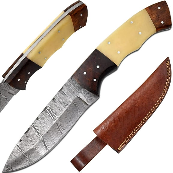 Old Ram Handmade 9-Inches Two Tone Damascus Steel Fixed Blade Hunting Knife With Sheath