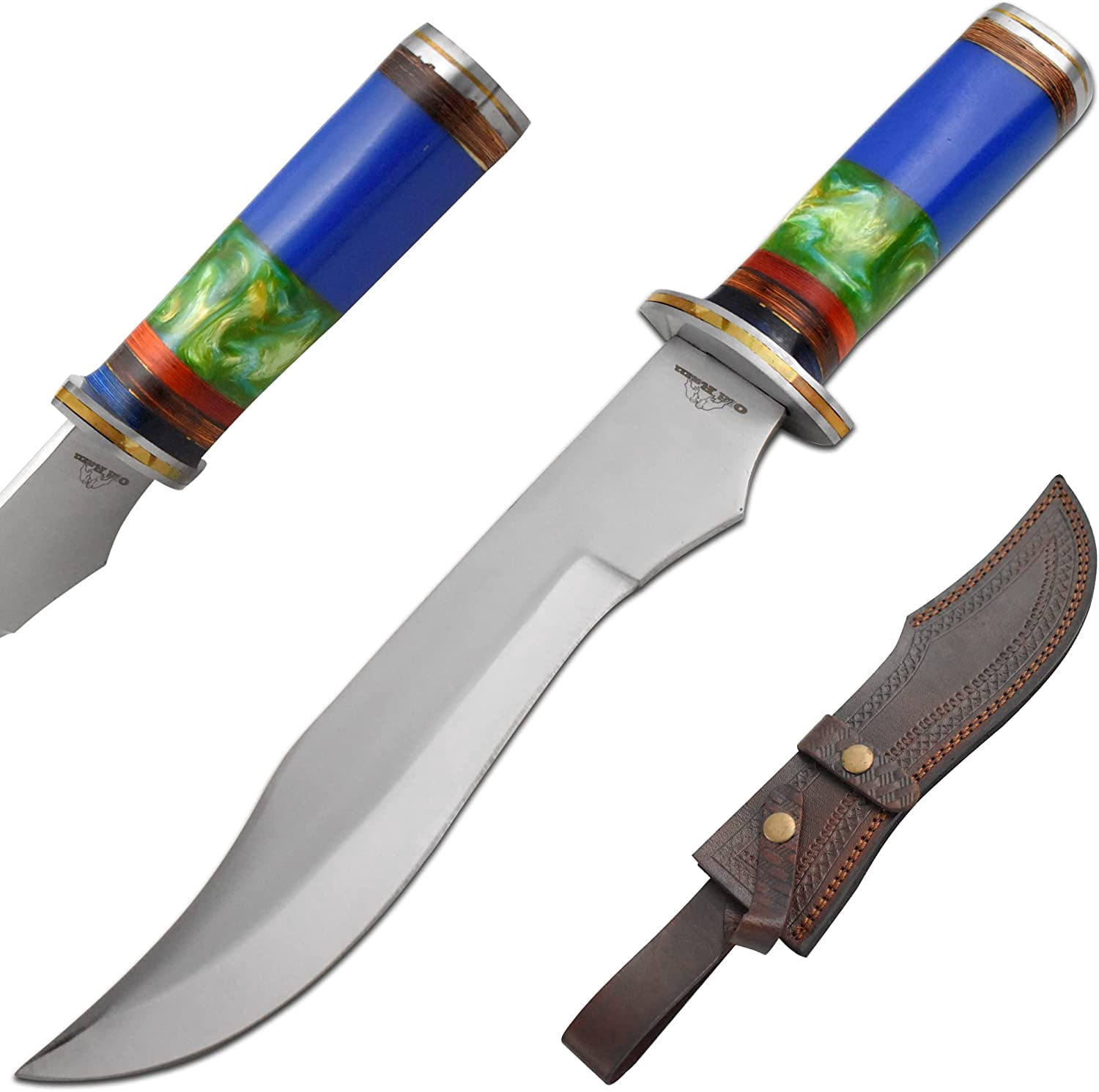 Old Ram Handmade Fixed Blade Heavy Duty Wood and Blue Resin Handle Hunting Knife