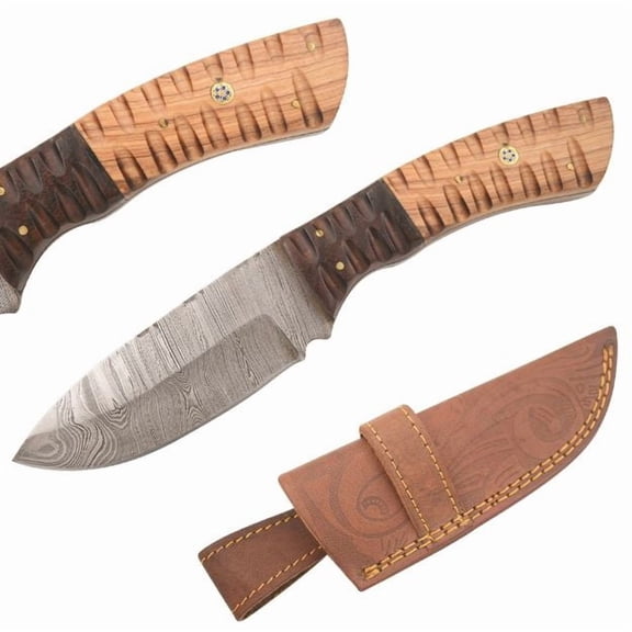 Old Ram Handmade Real Damascus Hunting Knife Brown Wood Handle