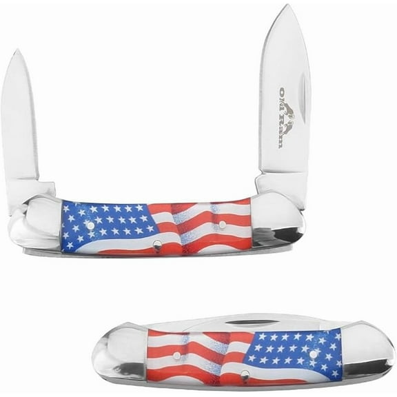 Old Ram Two Blade Trapper Canoe Knife, 2.5 Inches Mirror Polish 3CR13 Steel Blades USA Flag Printed Acrylic Handle