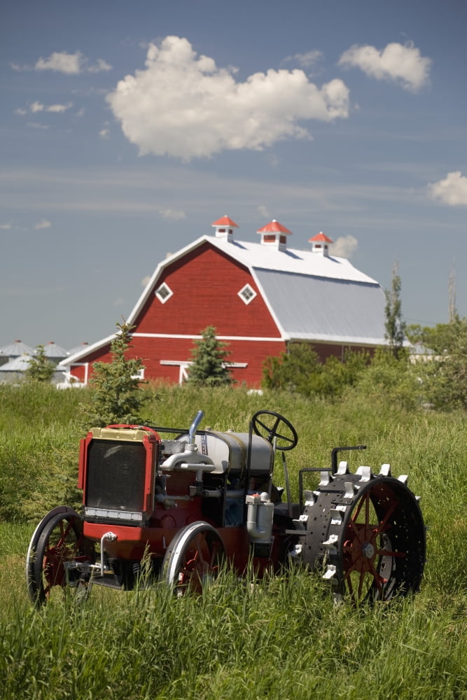 Old Red Tractor In A Field With A Red Barn In The Background Alberta Canada Canvas Art - Michael Interisano Design Pics (12 x 19)