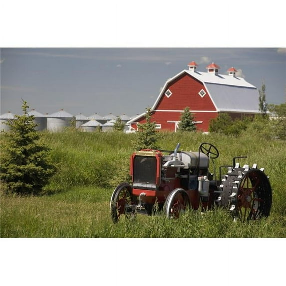 Old Red Tractor In A Field with A Red Barn In The Background - Alberta - Canada Poster Print - 19 x 12