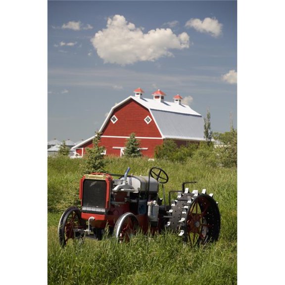 Old Red Tractor In A Field with A Red Barn In The Background - Alberta, Canada Poster Print, 24 x 38 - Large