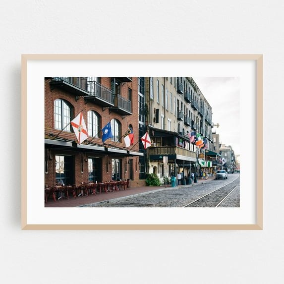 Old River Street - Savannah Georgia Photography Cityscape Architecture Street Photography Travel Poster Vintage Oak Framed Wall Art Print 5 x 7 inches