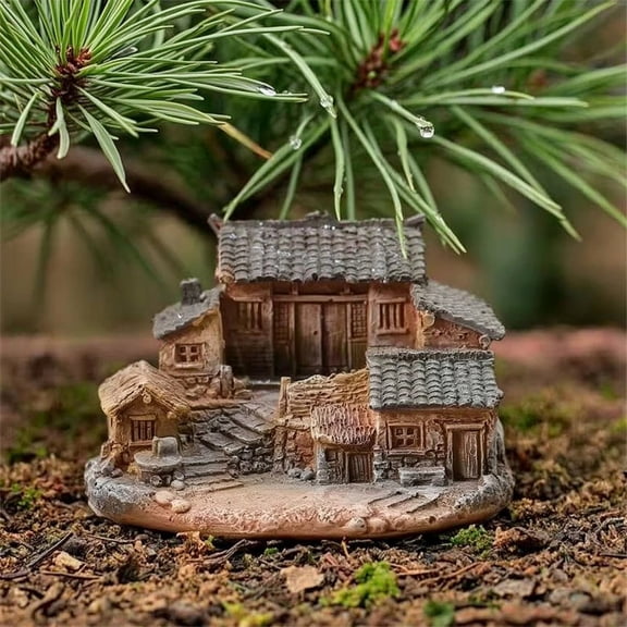 Old Rural House Miniature, Nostalgic Mini Countryside House Resin Ornament, Rustic Tiny House Decoration for Desktop Micro-Landscapes Bonsai Plant Pot