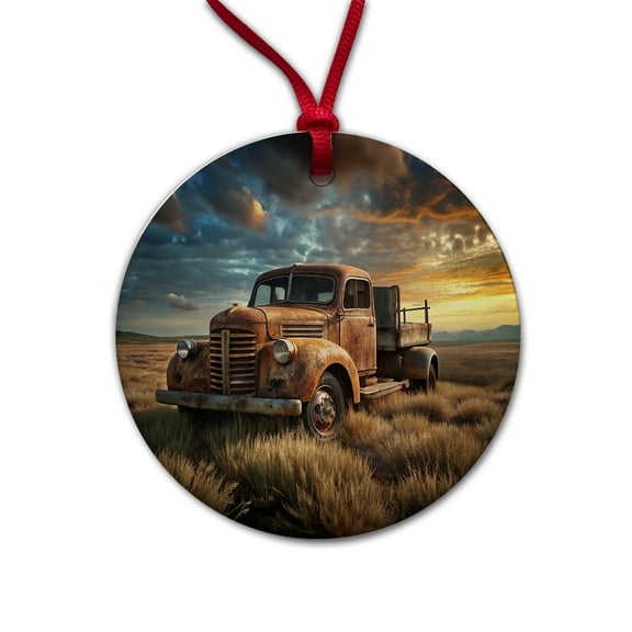 Old Rusted Retro Classic Truck Sitting In Field Christmas Tree Holiday Round Ceramic Ornament