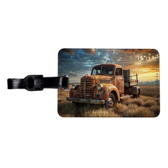 Old Rusted Retro Classic Truck Sitting In Field Faux Leather Travel Luggage Tag