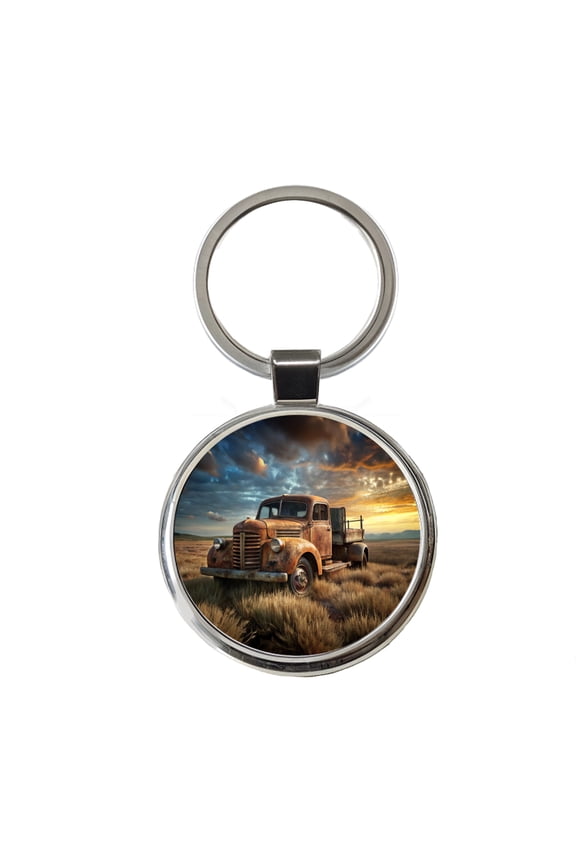 Old Rusted Retro Classic Truck Sitting In Field Metal Round Keychain