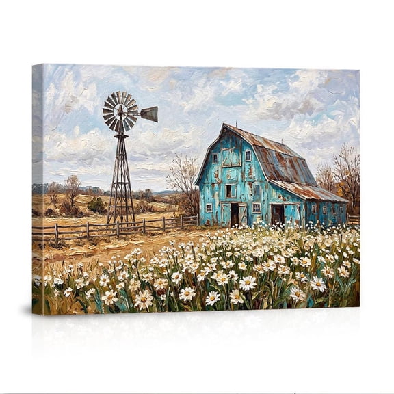 Old Rustic Barn Windmill Art Daisy Field Farmhouse Country Landscape Rural Aesthetic Canvas