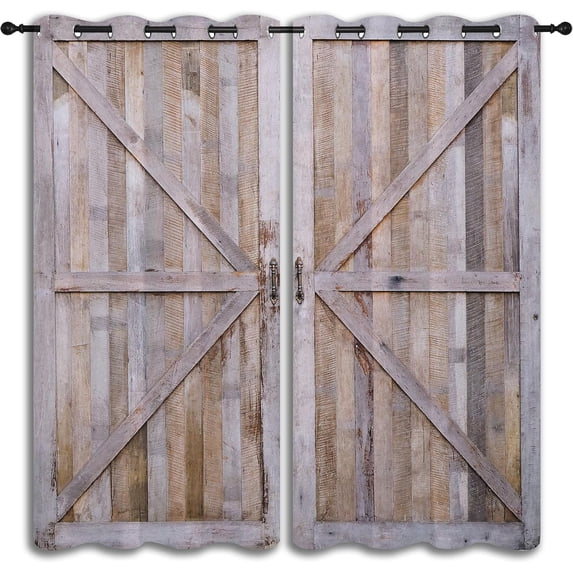 Old Rustic Farmhouse Door Grommet Blackout Curtains for Boy Girl Bedroom, Brown Wood Wooden Barn Door Home Energy Efficient Light Filtering Window Curtain for Living Room, 42x63 inch