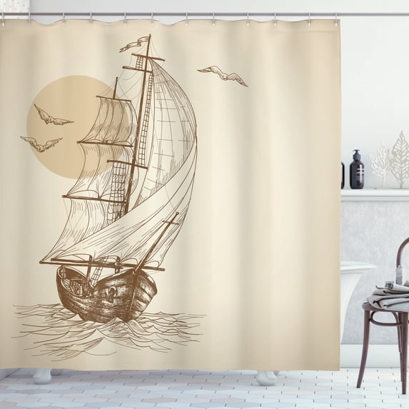 Old Sailboat Ocean Waves Marine Seabird Sunset Scenery Extra Long Shower Curtain