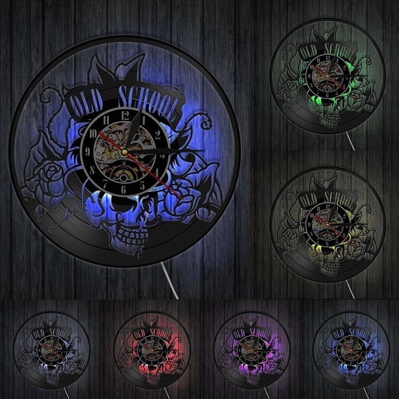 Old School Art Tattoo Studio Wall Sign Silent Vinyl Record Wall Clock Skull with Flower Watch Wall Art Decor Hipster Men Gift With LED