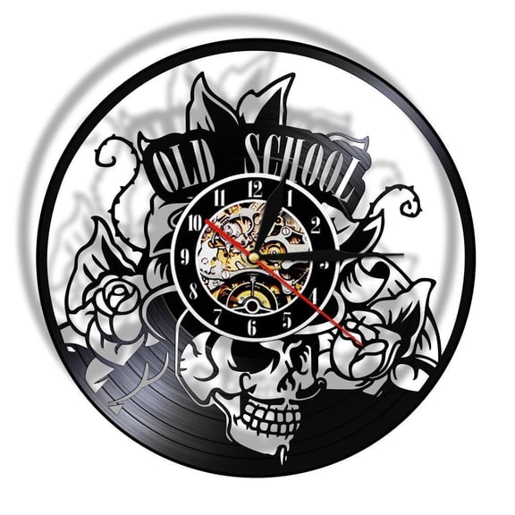 Old School Art Tattoo Studio Wall Sign Silent Vinyl Record Wall Clock Skull with Flower Watch Wall Art Decor Hipster Men Gift Without LED