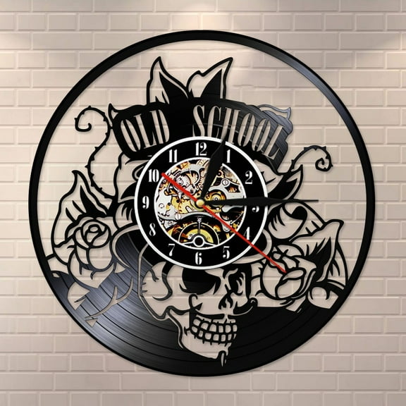 Old School Art Tattoo Studio Wall Sign Silent Vinyl Record Wall Clock Skull with Flower Watch Wall Art Decor Hipster Men Gift