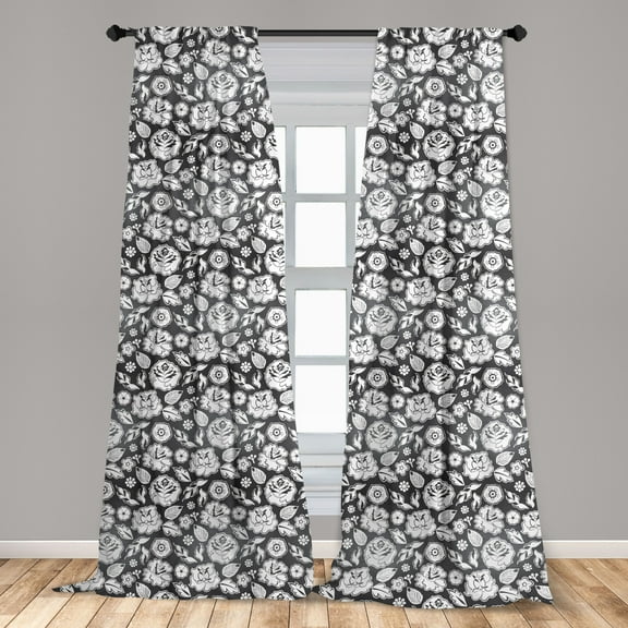Old School Curtains 2 Panels Set, Nostalgic Monochrome Continuous Pattern of Various Flowers Leaves, Window Drapes for Living Room Bedroom, 56"W X 84"L, Charcoal Grey White, by Ambesonne