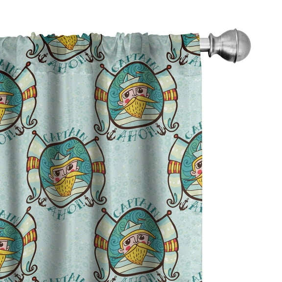 Old School Curtains 2 Panels Set, Print of Cartoon Design Pattern with Sailor and Captain Ahoi Lettering in Buoy, Window Drapes for Living Room Bedroom, 56"W X 63"L, Multicolor, by Ambesonne