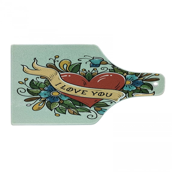 Old School Cutting Board, Heart with I Love You Lettering Ribbon and Botanical Ornaments, Decorative Tempered Glass Cutting and Serving Board, in 3 Sizes, by Ambesonne