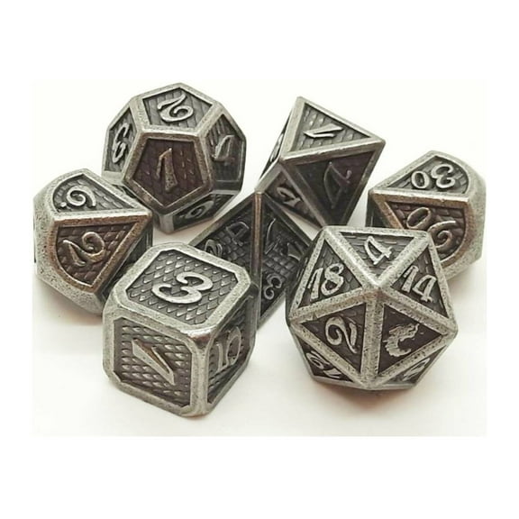 Old School Dice & Accessories Dragon Scale Poly Set - Ancient Silver (7) New