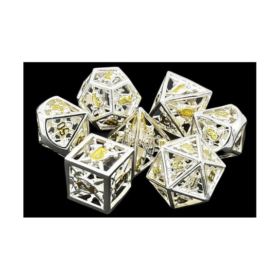 Old School Dice & Accessories Hollow Sword & Shield Dice - Silver w/Gold (7) New