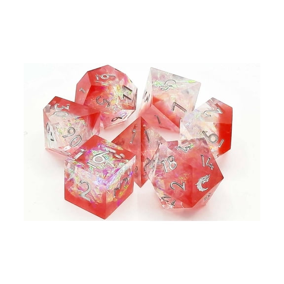 Old School Dice & Accessories Poly Set Crimson Fire w/Silver (7) New