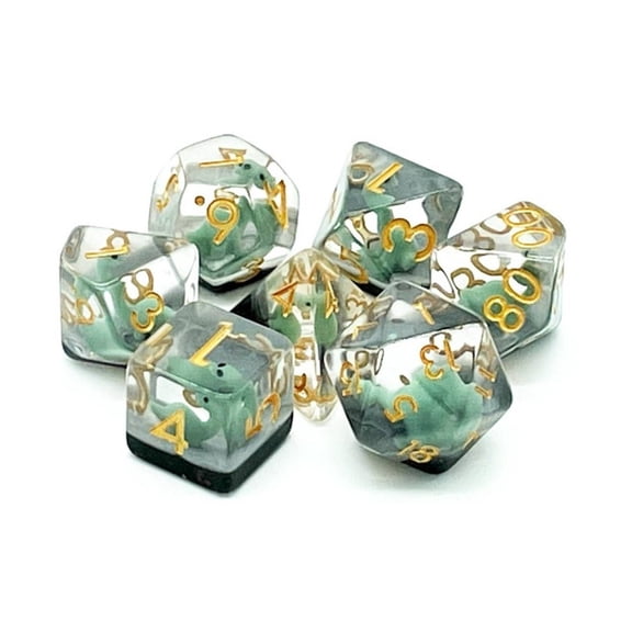 Old School Dice & Accessories Poly Set Green Baby Brontosaurus w/Gold (7) New