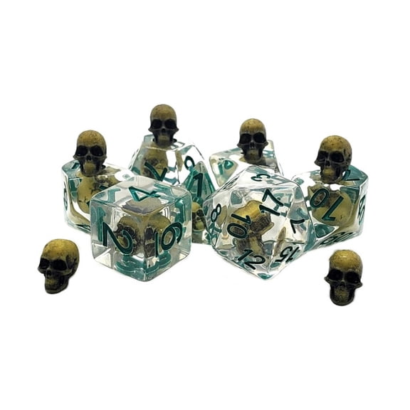 Old School Dice & Accessories Poly Set Yellow Skull w/Teal (7) New
