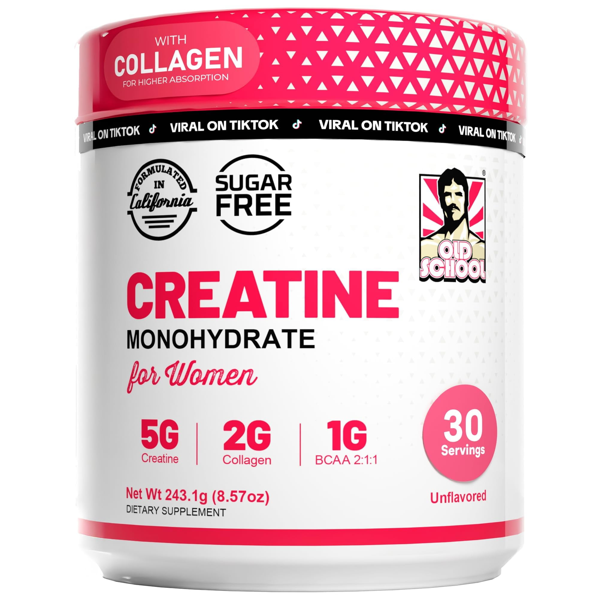 Old School Labs 5000mg Creatine Monohydrate Powder, Optimized Creatine for Women +2000mg Collagen +1g BCAA 2:1:1 Supports Lean Muscles & Recovery, Energy & Stamina - Made in USA, 30 Servings
