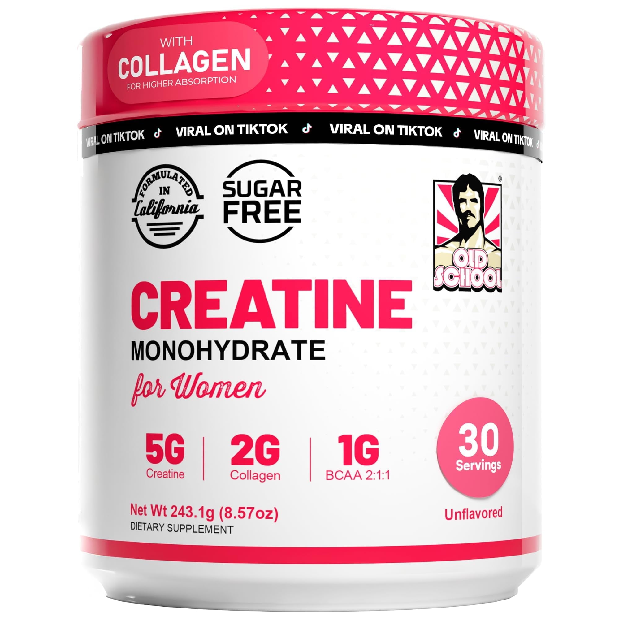 Old School Labs 5000mg Creatine Monohydrate Powder, Optimized Creatine for Women +2000mg Collagen +1g BCAA 2:1:1 Supports Lean Muscles & Recovery, Energy & Stamina - Made in USA, 30 Servings