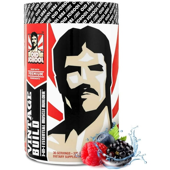 VINTAGE BUILD - The Essential 3-in-1 Muscle Builder - Post Workout Recovery with BCAA, Creatine Monohydrate, and L-Glutamine Powder (Fresh Berries), 330 Grams, 30 Servings