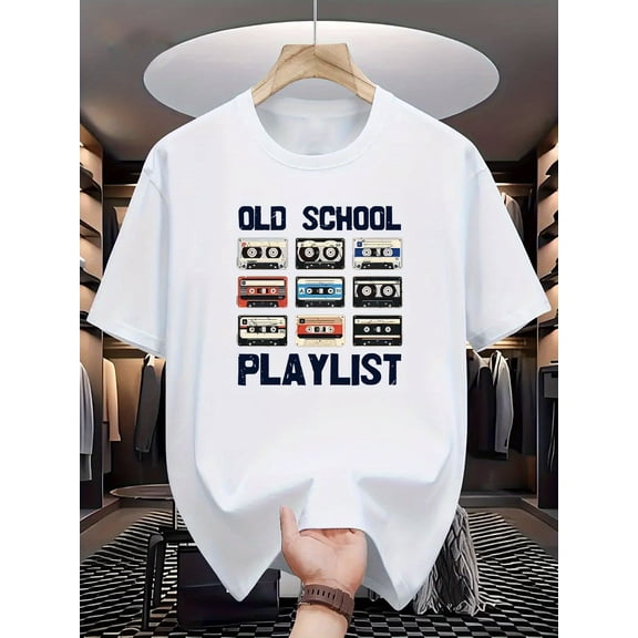 "Old School" Letter & Tape Pattern Print Tee Shirt, Tees For Men, Casual Short Sleeve T-shirt For Summer