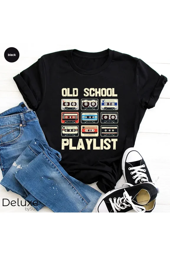 Old School Playlist Retro 90s Music Print Short Sleeve T-Shirt, for Men & Women, up to Size 5XL