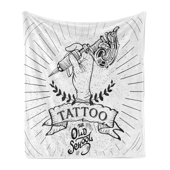 Old School Soft Flannel Fleece Blanket, Monochrome Retro Themed Sketch with Tattoo Artist's Hand with Machine, Cozy Plush for Indoor and Outdoor Use, 50" x 70", Charcoal Grey White, by Ambesonne