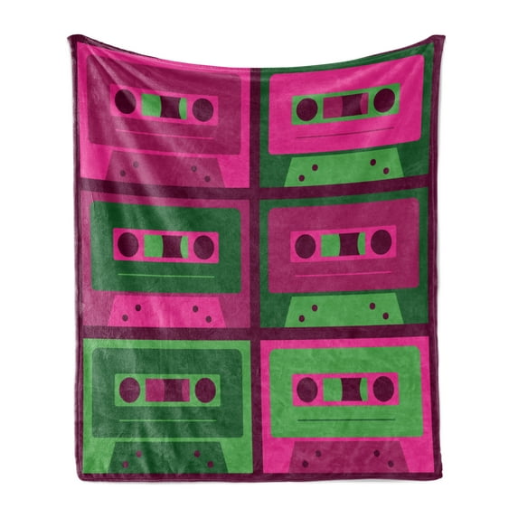 Old School Soft Flannel Fleece Throw Blanket, Cool and Vintage Cassettes Retro Technology in Bicolour Tones, Cozy Plush for Indoor and Outdoor Use, 50" x 60", Dark Magenta Fern Green, by Ambesonne