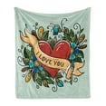thumbnail image 1 of Old School Soft Flannel Fleece Throw Blanket, Heart with I Love You Lettering Ribbon and Botanical Ornaments, Cozy Plush for Indoor and Outdoor Use, 50" x 70", Almond Green Multicolor, by Ambesonne, 1 of 5