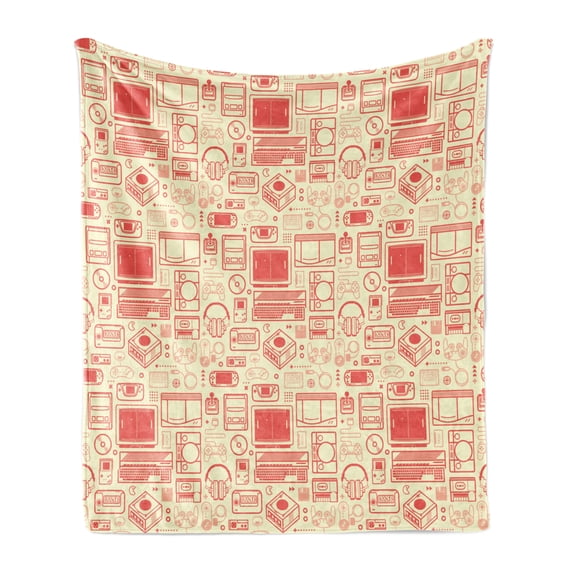 Old School Soft Flannel Fleece Throw Blanket, Nostalgic Bicolour Continuous Pattern Retro Gaming Objects Print, Cozy Plush for Indoor and Outdoor Use, 60" x 80", Dark Peach and Cream, by Ambesonne