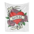 thumbnail image 1 of Old School Soft Flannel Fleece Throw Blanket, Simple Classic Tattoo Design Heart with Roses and Mom Lettering on Ribbon, Cozy Plush for Indoor and Outdoor Use, 70" x 90", Multicolor, by Ambesonne, 1 of 5