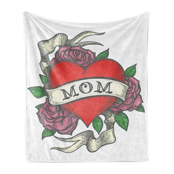 Old School Soft Flannel Fleece Throw Blanket, Simple Classic Tattoo Design Heart with Roses and Mom Lettering on Ribbon, Cozy Plush for Indoor and Outdoor Use, 70" x 90", Multicolor, by Ambesonne