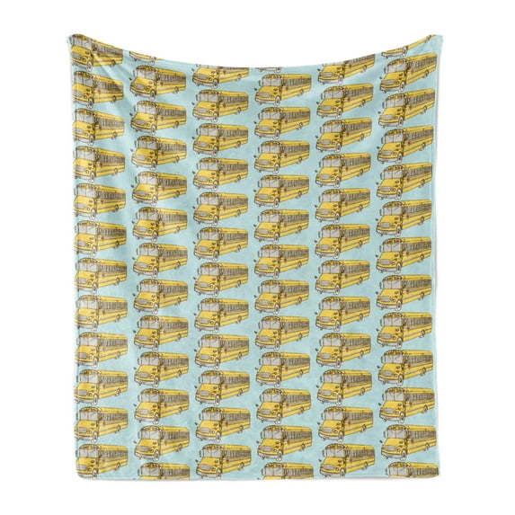 Old School Soft Flannel Fleece Throw Blanket, Vintage Repeating Pattern of Sketch Drawing Retro School Bus, Cozy Plush for Indoor and Outdoor Use, 60" x 80", Pale Blue Mustard, by Ambesonne