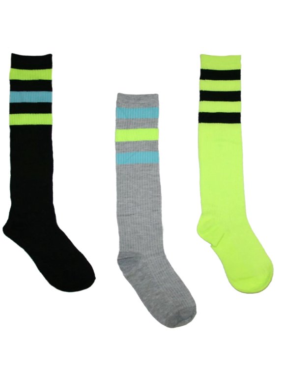 Tube Socks 3 Pack, Black/Neon Yellow, Gray/Blue, and Neon Yellow/Black (9-11)