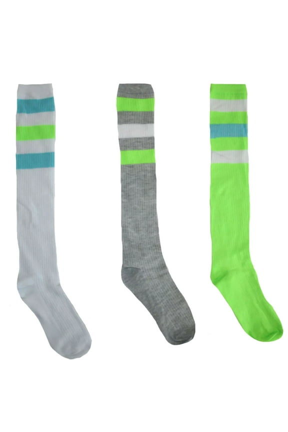 Tube Socks 3 Pack, Gray, White and Neon Green with Coordinating Stripes (9-11)