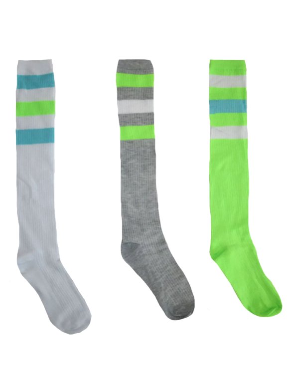 Tube Socks 3 Pack, Gray, White and Neon Green with Coordinating Stripes (9-11)