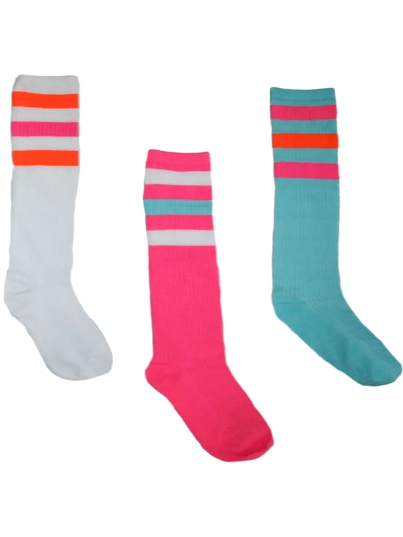 Tube Socks 3 Pack, White, Pink and Blue with Coordinating Striped (9-11)