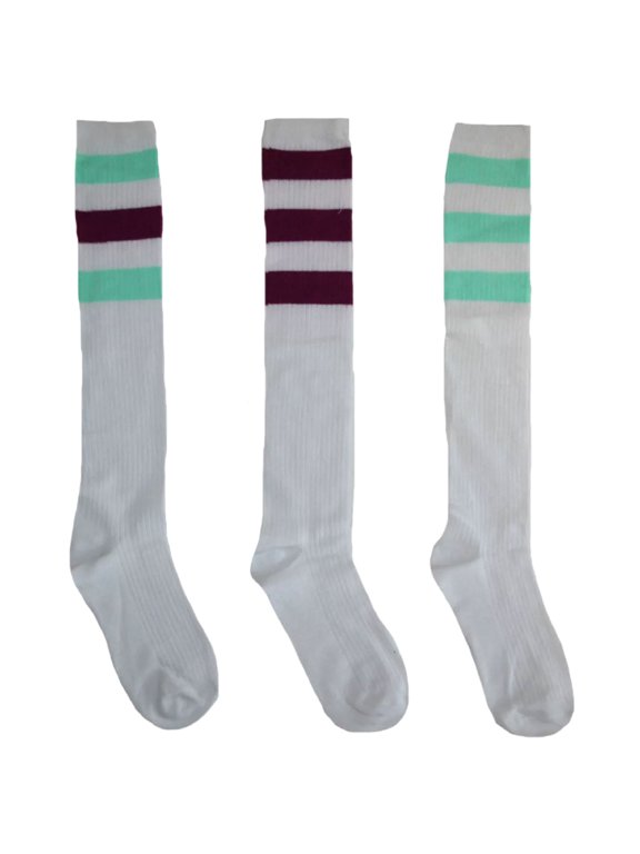 Tube Socks 3 Pack, White With Purple and Aqua Striped (9-11)