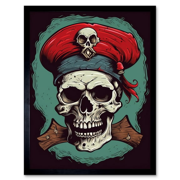 Old School USA Tattoo Ink Body Art Pirate Skull Rockabilly Americana 50s Art Print Framed Poster Wall Decor 12x16 inch