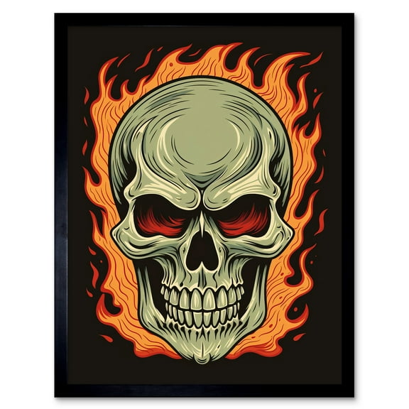 Old School USA Tattoo Ink Body Art Skull Flames Rockabilly Americana 50s Art Print Framed Poster Wall Decor 12x16 inch